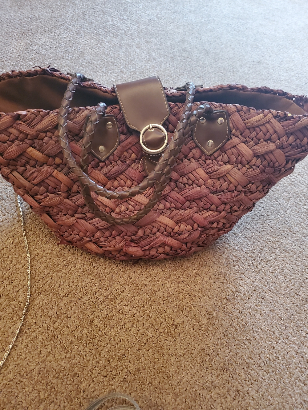 Braided Straw Tote Bag with Brown Trim